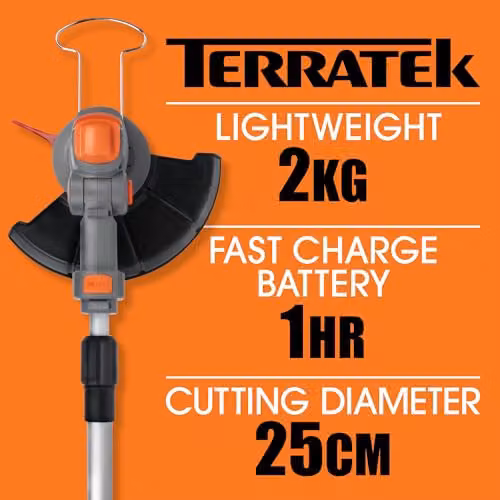 Terratek 20V Cordless Telescopic Strimmer in Orange and Grey with Blade, 2x Rechargeable Batteries and Quick Charger – 7