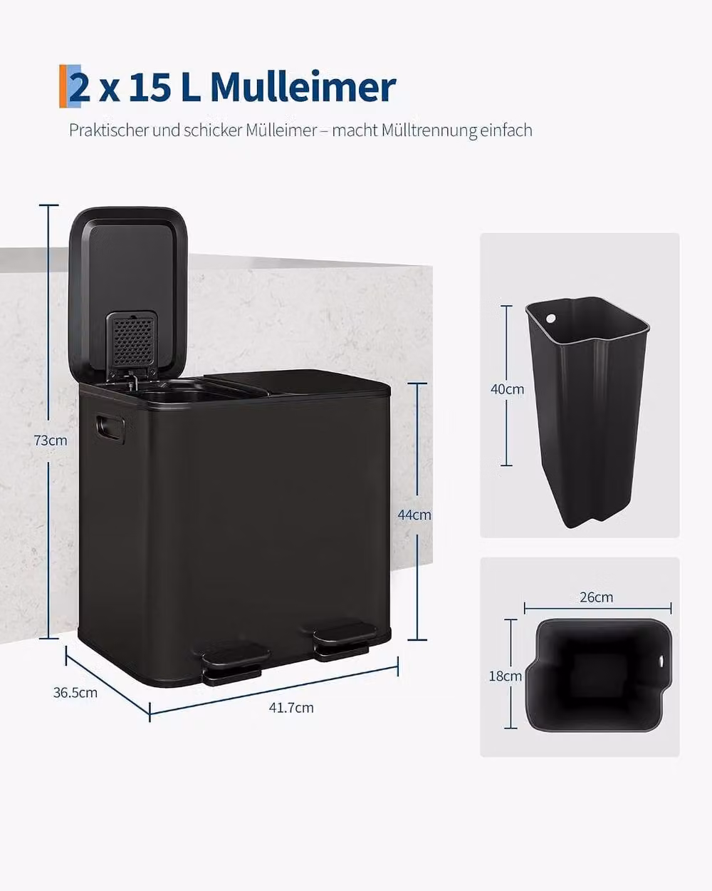 London Boutique 30L Dual Kitchen Recycling Bin with 2x15L Removable Inner Buckets, Stainless Steel Pedal Rubbish Bin, Black – 2