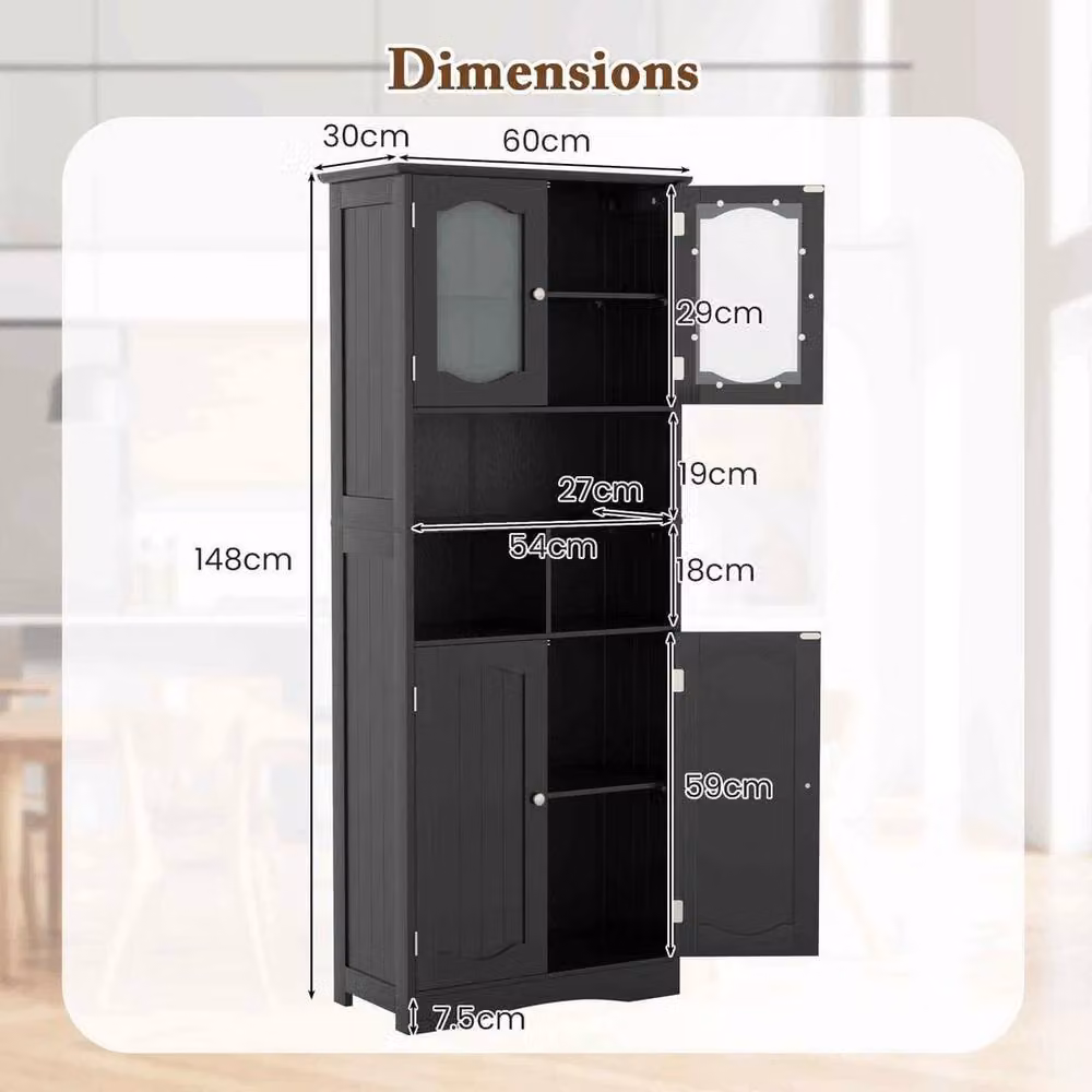 KORVIXA Black Matt Freestanding Storage Cabinet with Glass Doors and Internal Shelves, W: 60 cm, H: 75 cm – 2