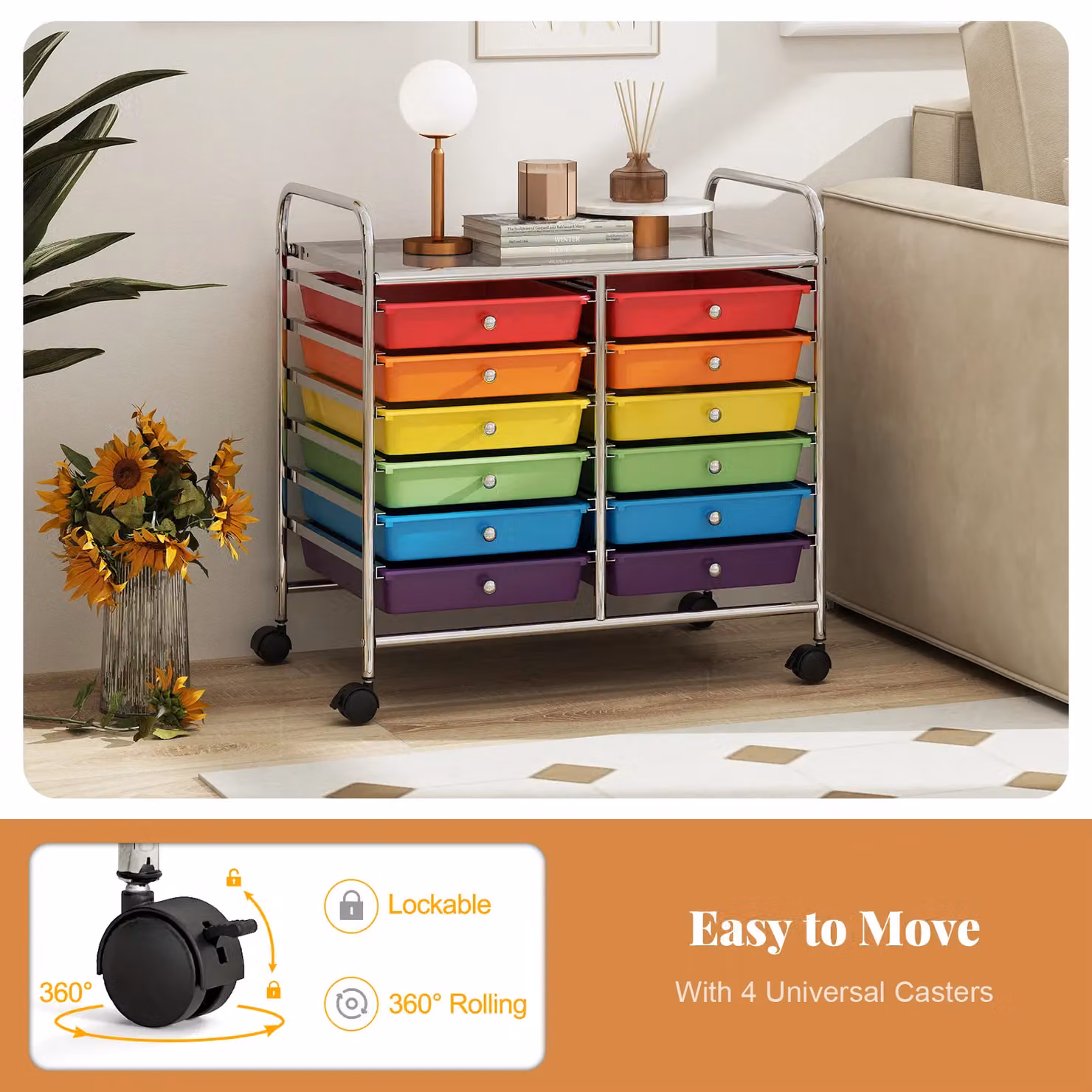 Costway Multi-Purpose Utility Storage Rolling Cart with 12 Drawers and Castors, Multicolour – 8