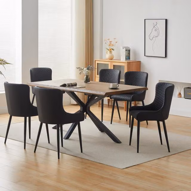 Comfy Living 7 Piece Industrial Dining Set with Rectangular Oak Effect Tabletop in Brown and Black