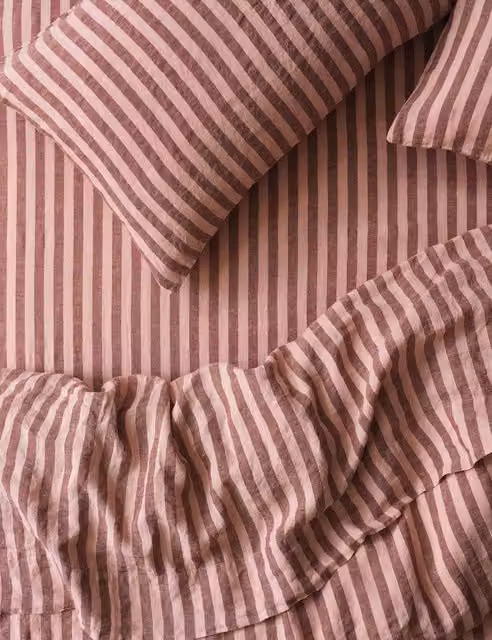Piglet In Bed Pembroke Stripe Pure Linen Fitted Sheet, Pink Mix, W/D/H: 180 x 200 cm