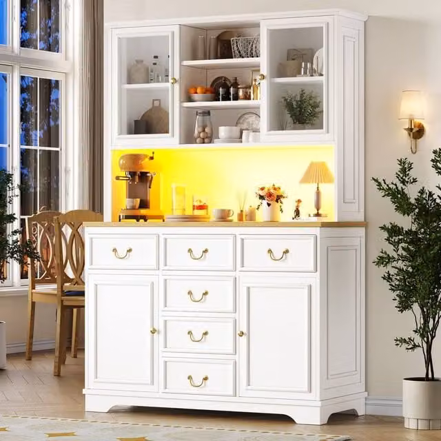 Merax White Kitchen Dresser with LED Lighting and Glass Doors, H 180 x W 118 x D 39.5 cm – 1