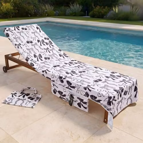 OHS Bow Print Microfibre Beach Towel with Pocket in Black and White, 75 x 215 cm