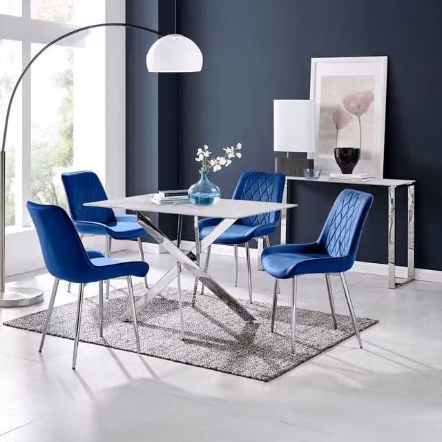 FurnitureboxUK Leonardo White Glass Marble Effect Table with 4 Navy Pesaro Chairs
