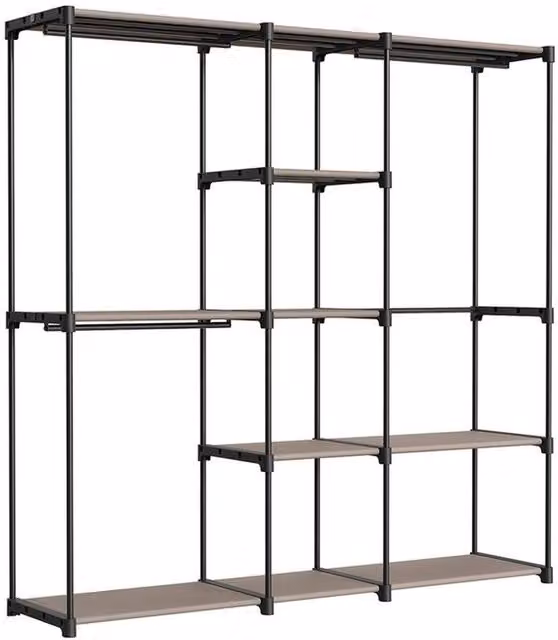 Pirlo Plush Minimalist Metal Clothes Rail with Non-Woven Fabric Shelves in Black and Beige, H 182 cm x W 130 cm