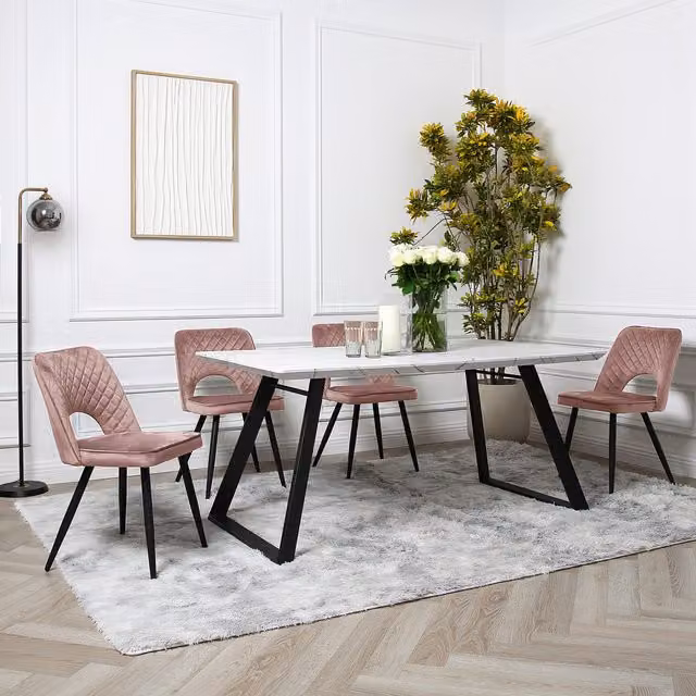 Home Garden Direct Venice Dining Set with Marble-Effect Rectangular Table and 4 Pink Chairs