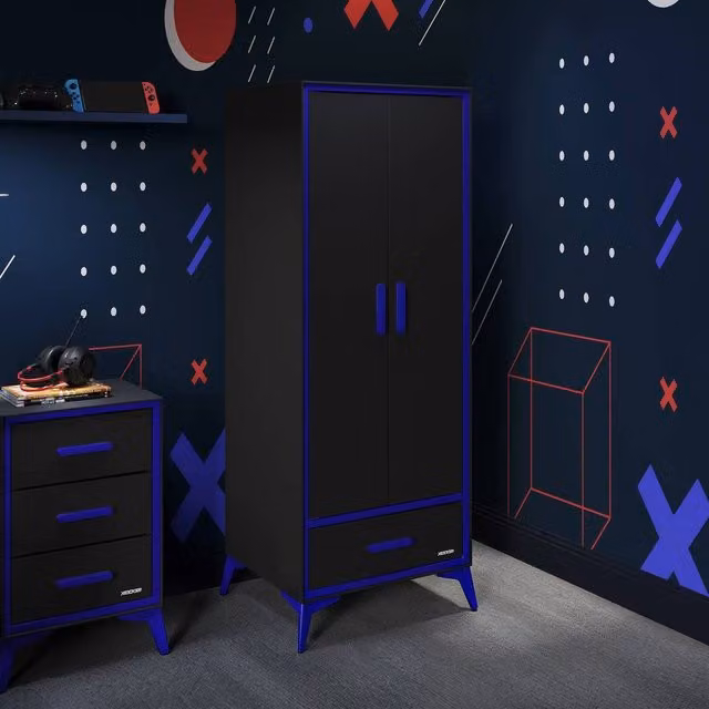 X Rocker Arcane Canvas 2 Door Wardrobe with Drawer in Black, Blue and Red