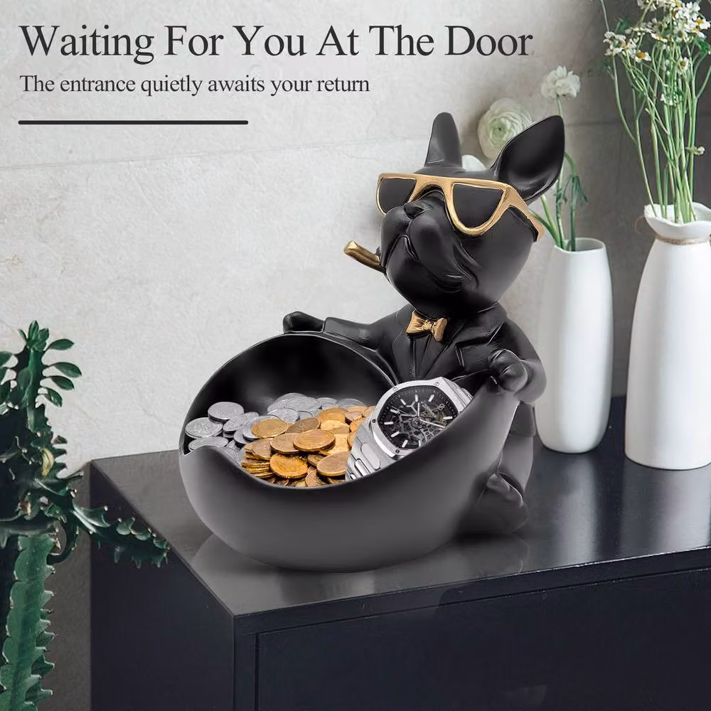 Huhote Black Heart-Shaped Bulldog Resin Candy Bowl Decor – 7
