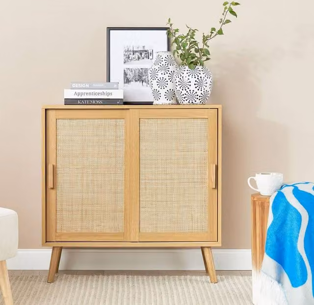 Wyld and Coco Light Brown Rattan and Beech Wood Two-Door Sideboard Storage Cabinet – 1