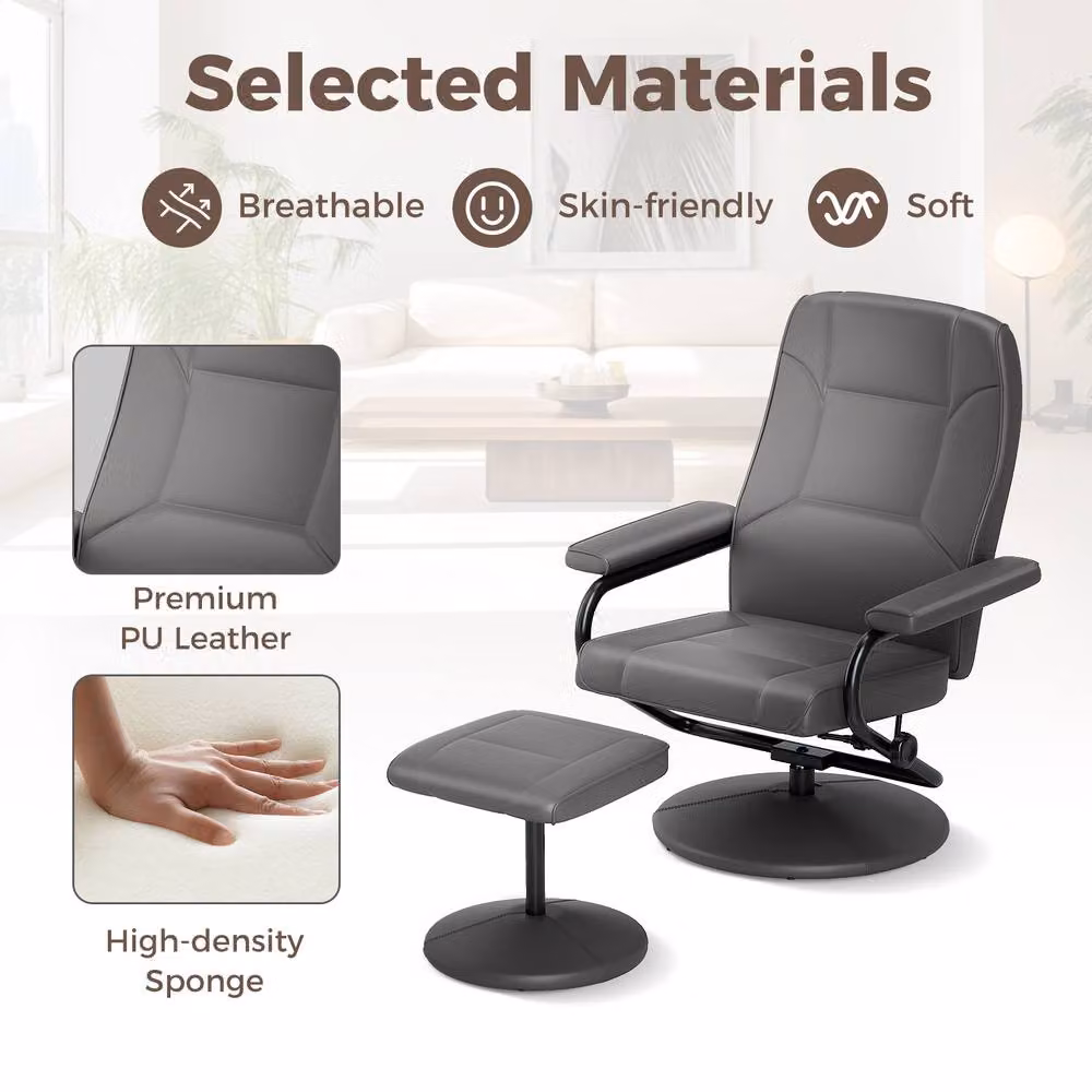 Costway Grey 360 Swivel Reclining Chair with Adjustable Backrest and Ottoman – 6