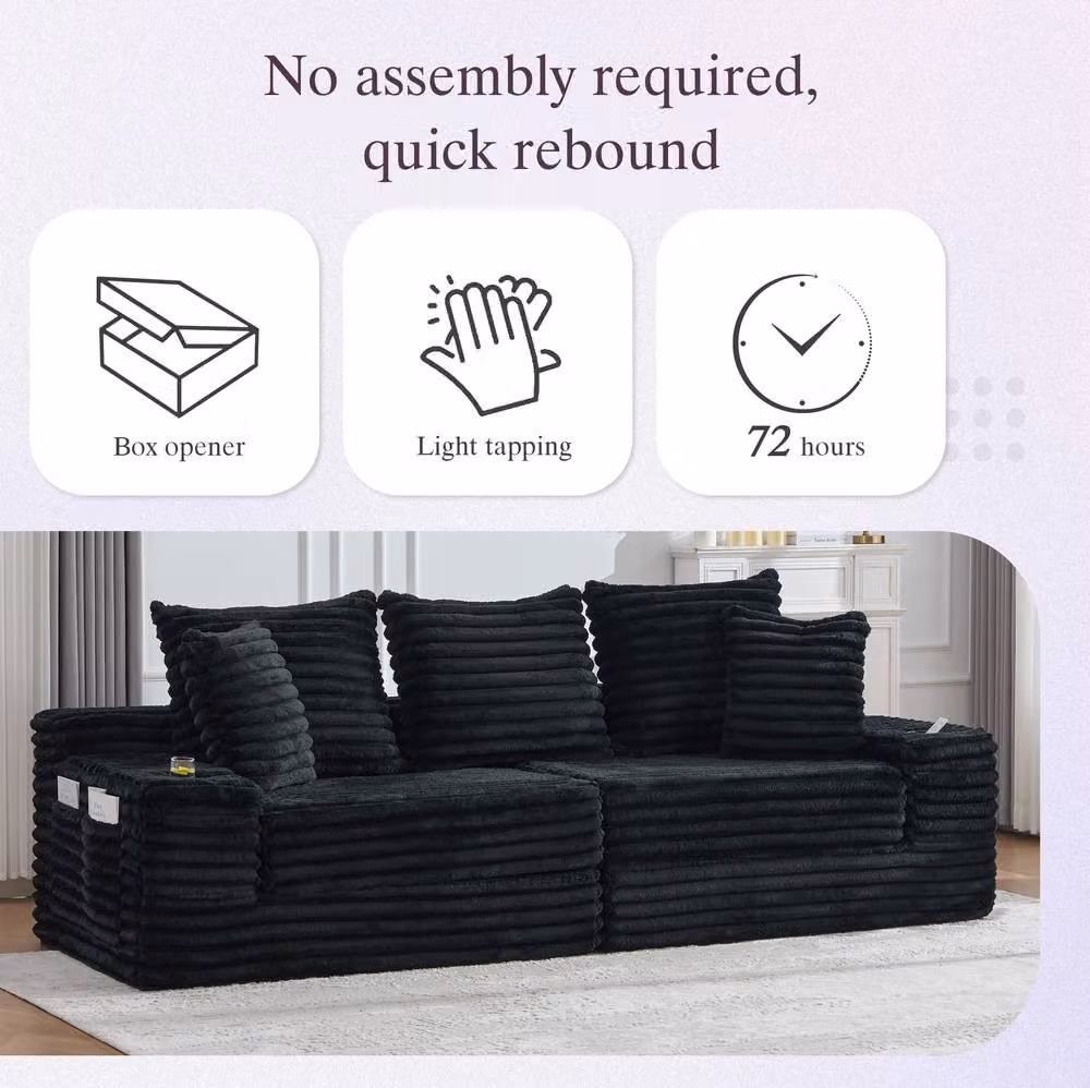 STILVORA Black Corduroy Sofa Bed with Sleeper Function, Cup Holders and Scatter Cushions, W: 273 cm, D: 87 cm, H: 98 cm – 5