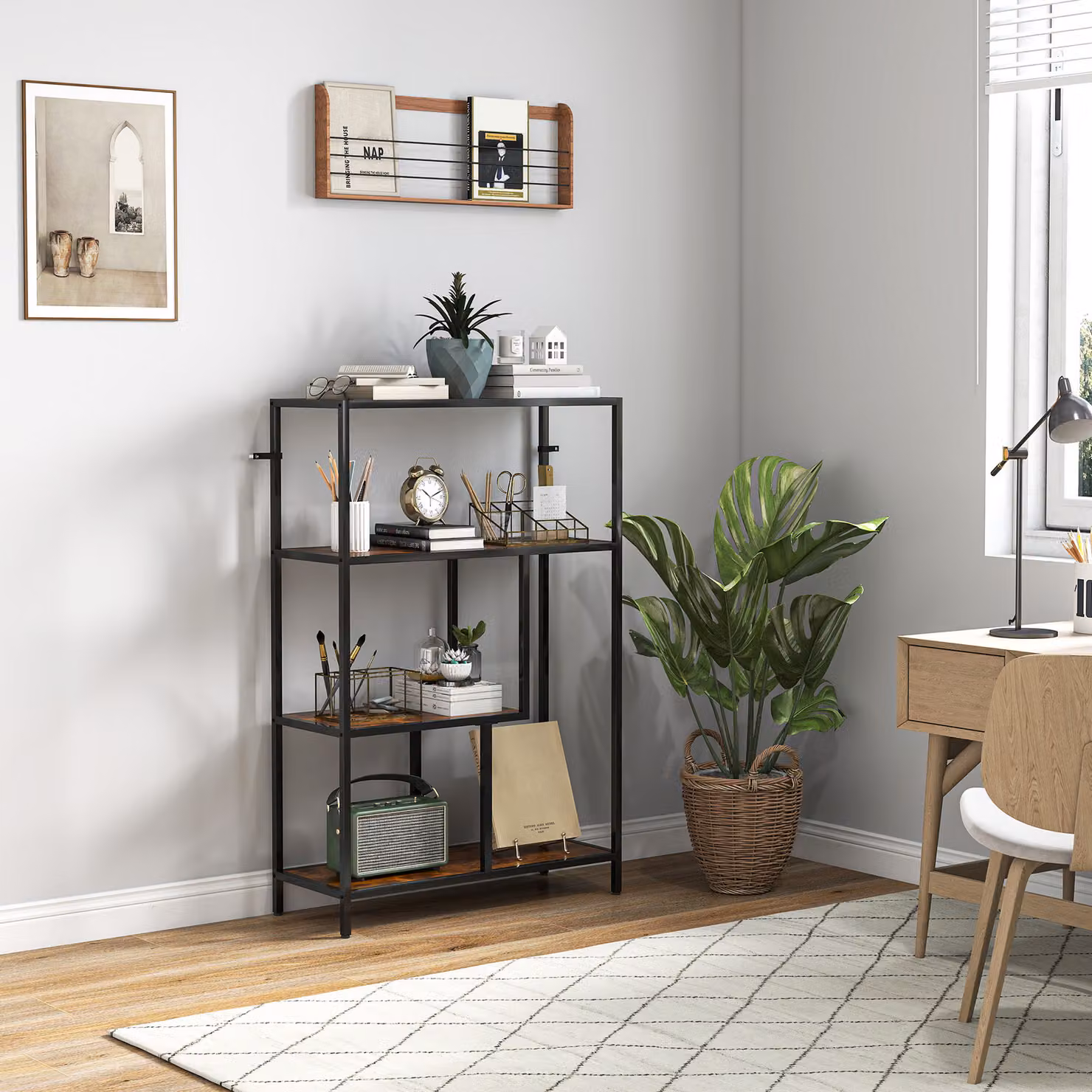 HOMCOM 4-Tier Industrial Bookshelf with Open Shelves in Brown and Black – 2