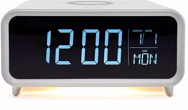Groov-e Athena Alarm Clock with Wireless Charging Pad and Dimmable Night Light, White