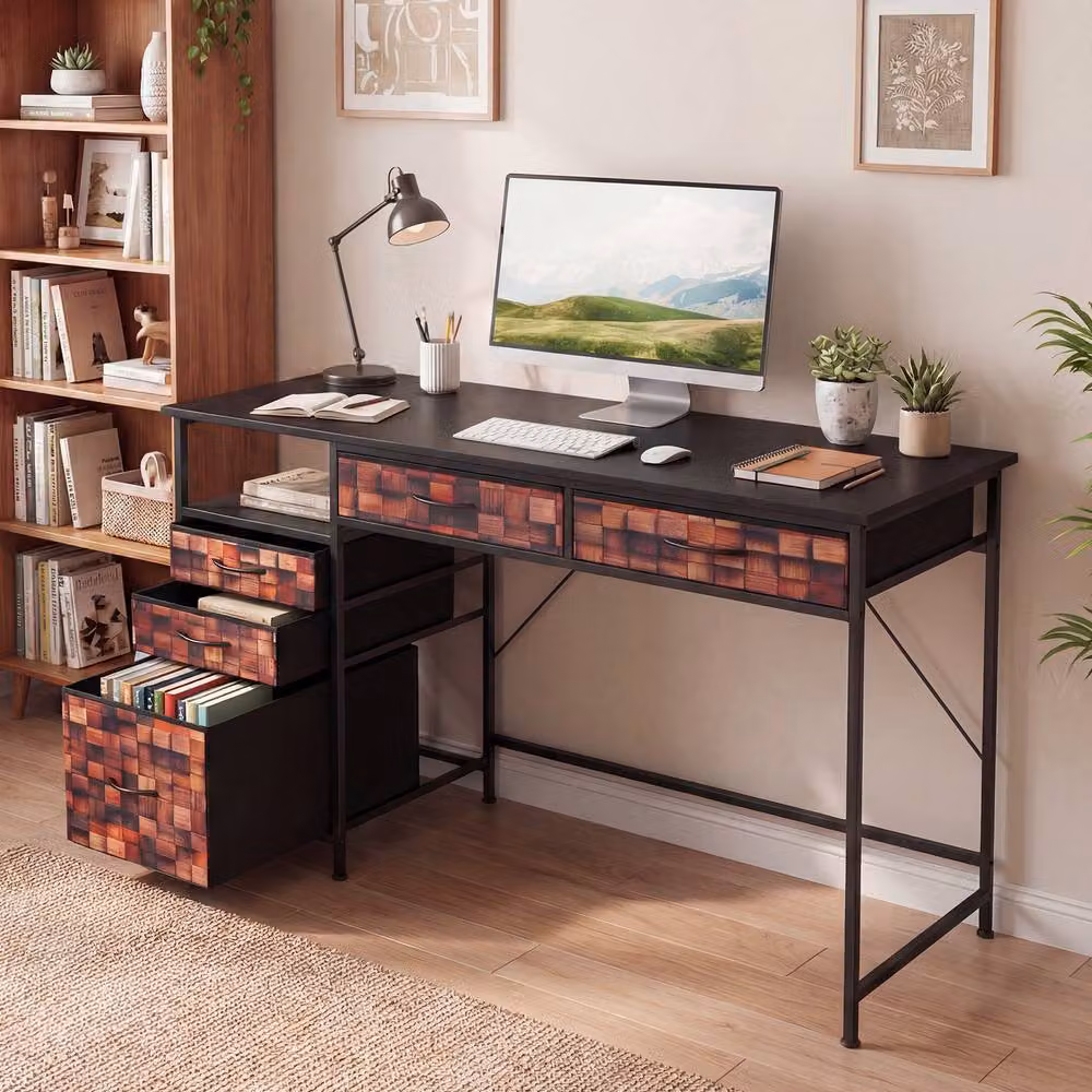 Costway Brown Computer Desk with Shelf and Drawers for Home Office and Study – 3