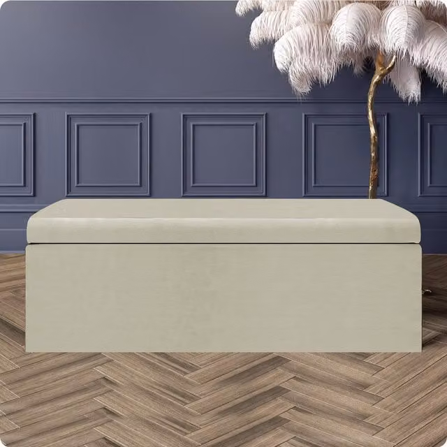 R&M Furnishers Large Plain Naples Upholstered Storage Ottoman End of Bed Bench in Cream