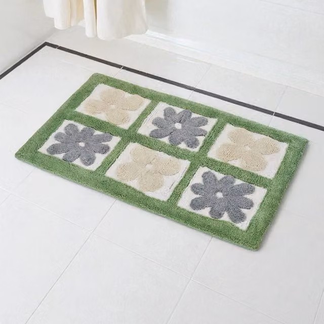 Showerdrape Fiore 100% Cotton Blue and Green Floral Anti-Slip Bath Mat W/D: 80 x 50 cm