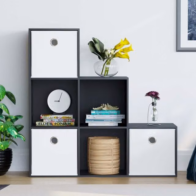 Vida Designs Durham 6 Cube Staircase Storage Unit with 3 White Baskets in Black