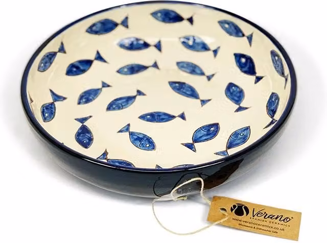 Verano Spanish Ceramics Signature Blue and White Hand Painted Fish Ceramic Serving Bowl, Diameter: 23 cm – 1