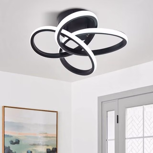 NIVOR Black Geometric LED Flush Mount Ceiling Light with Cool White Glow, Diameter: 31 cm
