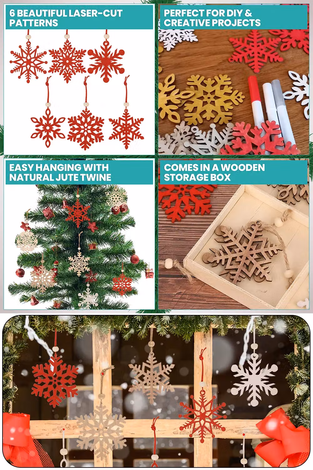 Neel Blue Rustic Wooden Snowflake Christmas Hanging Ornaments, 18 Pieces in White, Red and Multicolour – 3