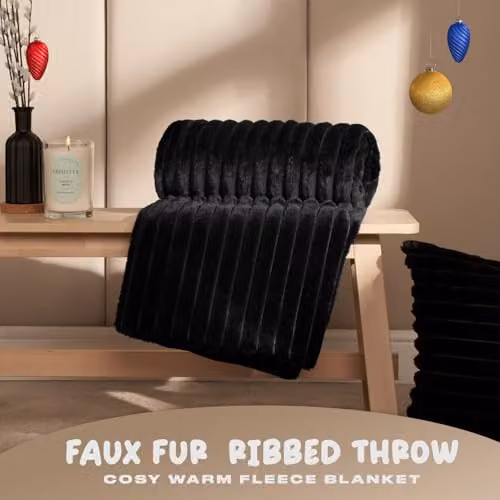 OHS Faux Fur and Fleece Throw Blanket in Black, W/D/H: 125 x 150 cm – 2