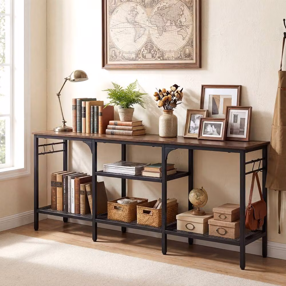 Gymax Industrial TV Stand and Media Console Table with Metal Mesh Shelves in Brown for up to 65 inch TVs – 7