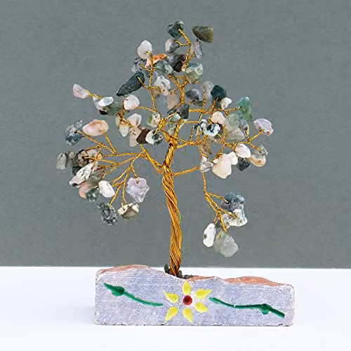 Ancient Wisdom Moss Agate Gemstone Tree in Green and Multicolour