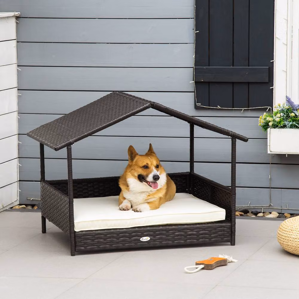 ERGOVEXA Black Rattan Wicker Dog House with Removable Cushion, Canopy and Weatherproof Design – 3