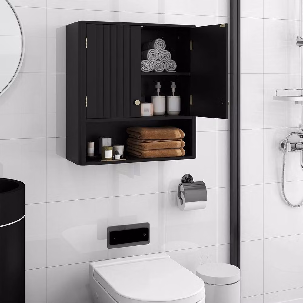 VOGREX Black Matt Wall Mounted Over-Toilet Storage Organizer with Hinged Doors and Internal Shelves – 4