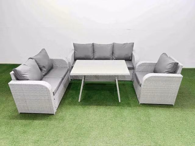 Fimous Patio Dining Table and Chairs Set with 3 Seater Reclining Sofa in Light Grey
