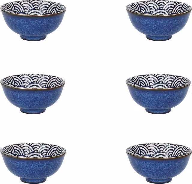 Mikasa 6-Piece Geometric Porcelain Bowl Set in Blue, White and Gold, Height: 5.2 cm