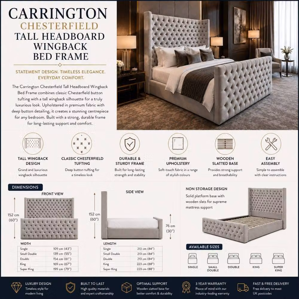 Stratus Interiors Carrington Chesterfield Wingback Bed Frame with Tall Headboard in Light Grey, Single, W/D/H: 90 x 190 cm – 5