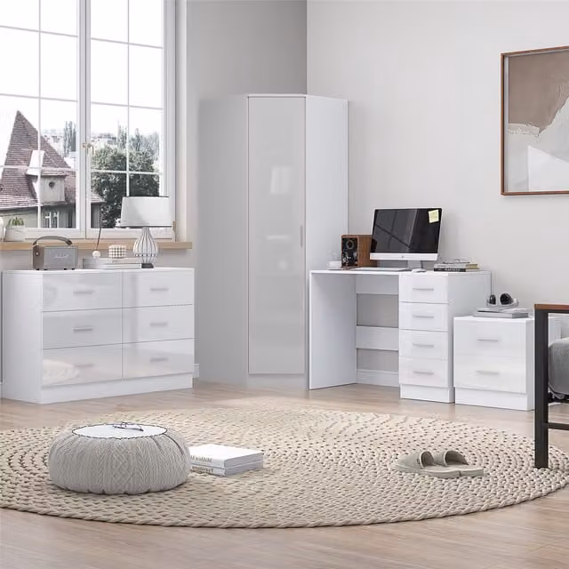 REFLECT Bedroom Furniture Bundle including Corner Wardrobe, Wide Chest, Bedside Table and Desk in White Gloss and Matt White