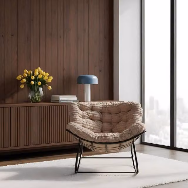 OHS Ribbed Faux Fur Rocking Chair with Upholstered Metal Frame in Beige/Sand