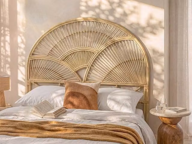 Vente-unique EFELA Rattan Headboard in Light Oak and Beige, Double Size 160 cm – 1