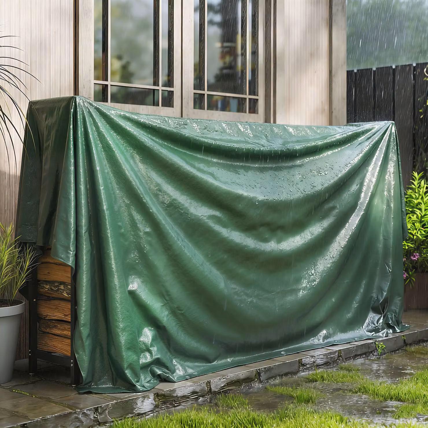 Outsunny Waterproof Green Tarpaulin, 3 x 4m Tear-Resistant PE Tarp with Reinforced Grommets and UV Protection – 2