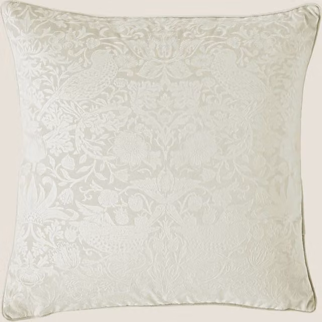 William Morris At Home Strawberry Thief Velvet Cushion in Oyster Beige