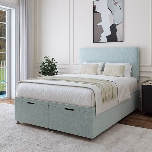 Bedmaster Single Linen Ottoman Divan Base and Plain Headboard in Duck Egg Blue – 1