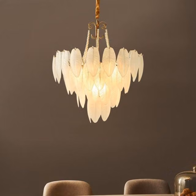 Wyld and Coco Brass Chandelier Pendant with Frosted Glass Leaves and Pearl Beading in Bronze and Gold, Diameter: 60 cm – 1