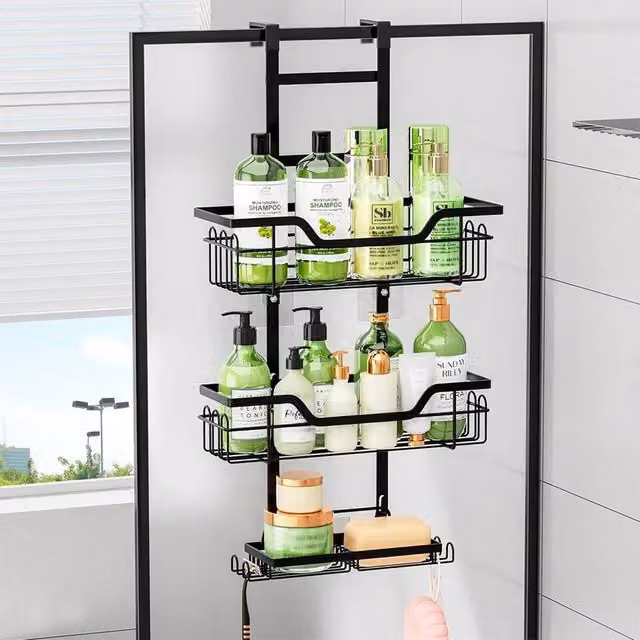 EONLION 3 Tier Metal Over Door Hanging Shower Caddy Shelf in Black