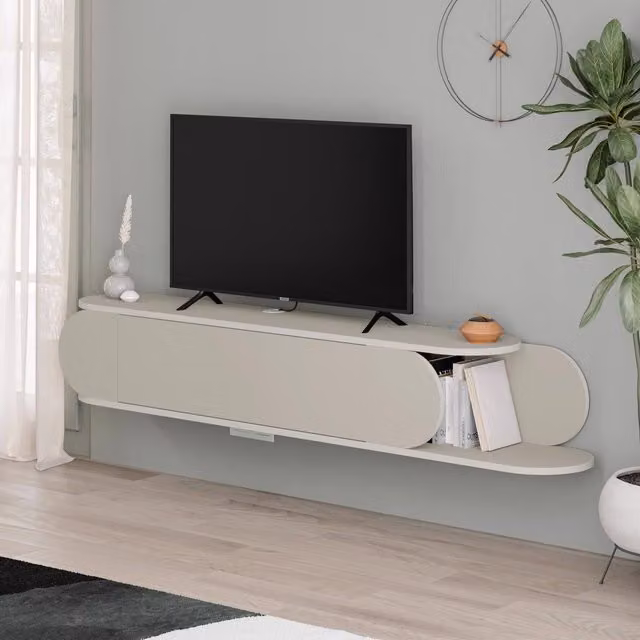 FWStyle Sandstone Wall-Mounted TV Unit in Brown with Push-To-Open Door and Open Side Shelves, W: 180 cm, H: 30 cm, D: 30 cm