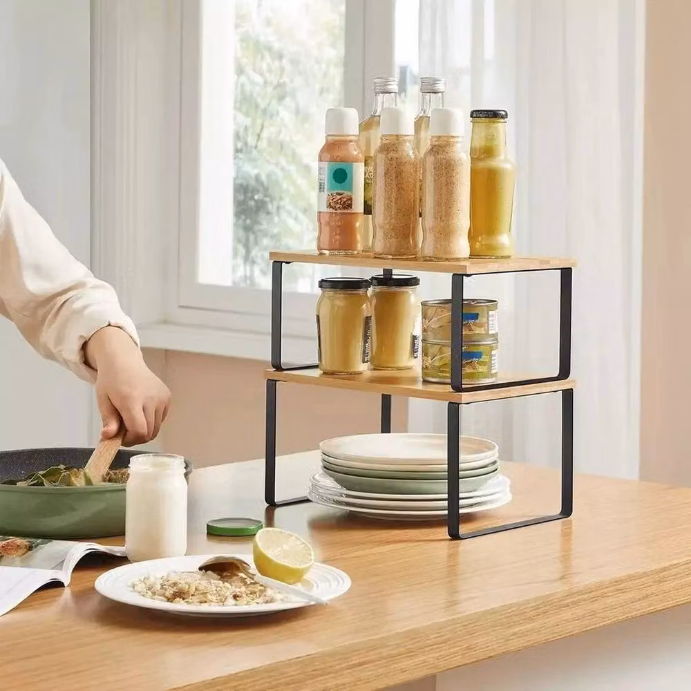 SPETLEK 2-Pack Bamboo Kitchen Counter Shelf Organisers in Brown and Multicolour – 3