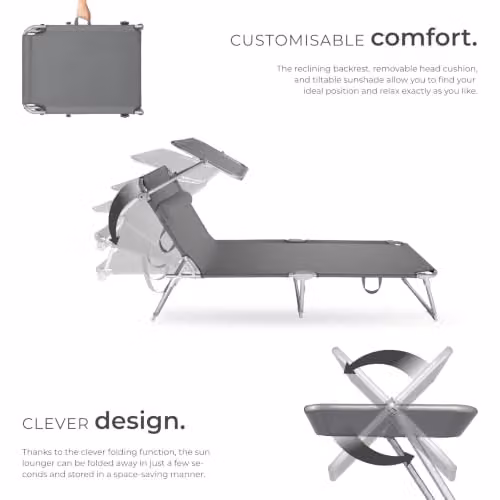 tectake Set of 2 Folding Sun Loungers in Grey with Sun Canopy and Adjustable Headrest, W/D/H: 190 x 68 x 111 cm – 4