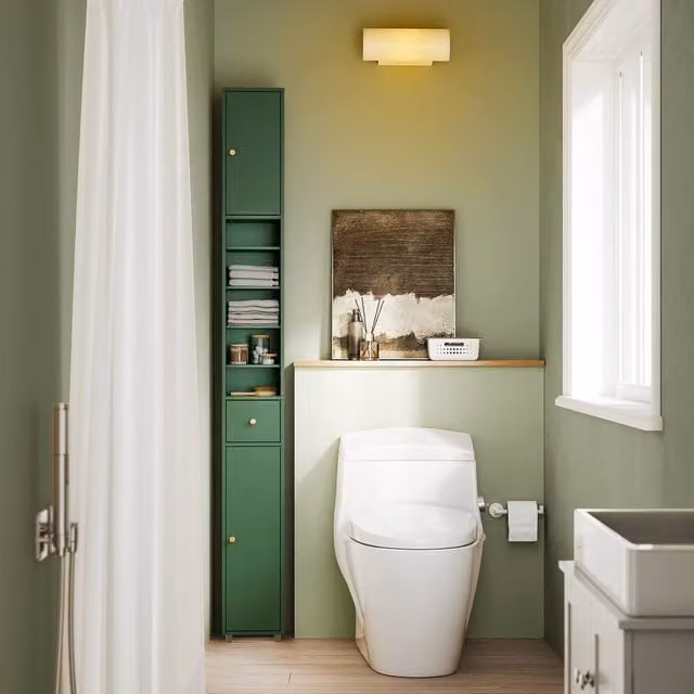 SoBuy Slim Bathroom Tall Cabinet in Matt Green with Soft-Close Hinged Doors and Internal Shelves, Height: 180 cm – 1