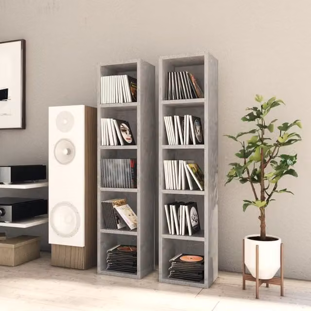 Berkfield Home Set of 2 Modern CD Cabinets in Concrete Grey, W/D/H: 21 x 16 x 93.5 cm