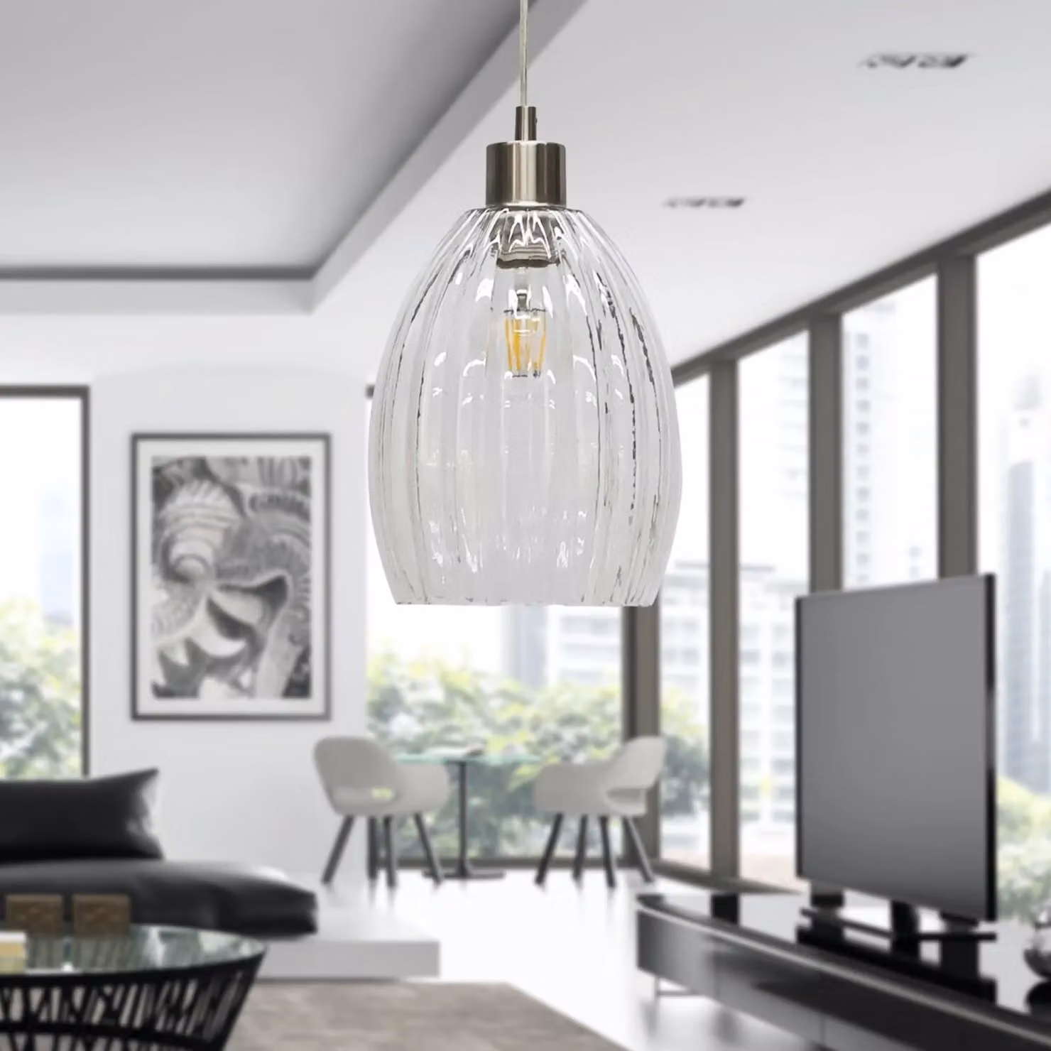 First Choice Lighting Birch Set of 2 Transparent Fluted Glass Pendant Lights with Silver Satin Nickel Fittings – 2