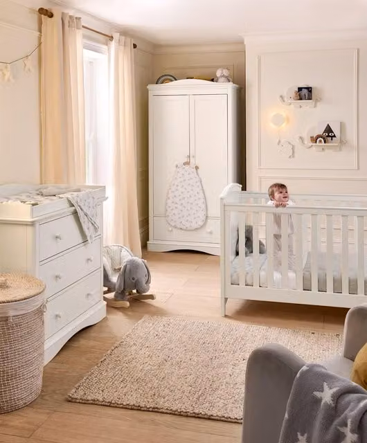 Mamas & Papas Flyn 3 Piece Cotbed Range with Dresser Changer and Wardrobe in White