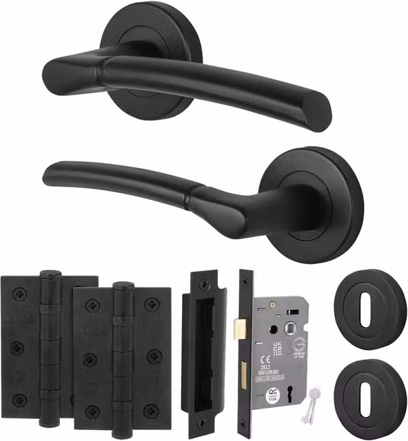 AFIT Matt Black Round Rose Door Handle with Keyed Lock and Internal Hinges, W/D/H: 15 x 15 x 1.5 cm