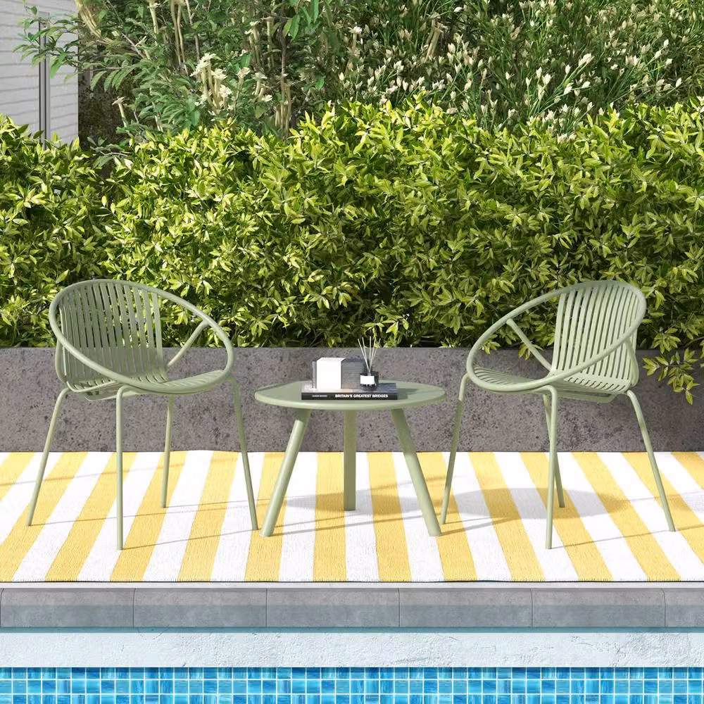 Gymax 3-Piece All Weather PP Bistro Conversation Set with 2 Chairs in Light Green – 2
